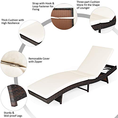 Tangkula Outdoor Folding Chaise Lounge, Rattan Patio Lounge Chair With Removable Thick Cushion, 5 Adjustable Levels, Leisure Reclining Wicker Lounge Chair For Garden, Pool Side, Balcony (2, White) #TOP6