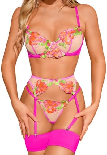 Kaei&Shi Floral Embroidered Garter Belt Set,Sheer Lingerie Sets for Women Sexy,Wedding Night Valentines Boudoir Outfits