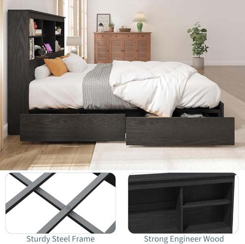 King Size Platform Bed Frame with Storage Headboard and 4 Drawers, Black by WildVenture - Used condition - Image 2