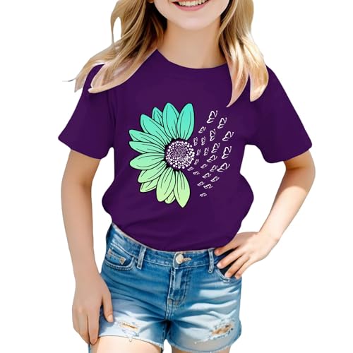 Girls Loose Fit Sunflower Graphic T Shirts Short Sleeve Crewneck Cute Pattern Printed Tops Kids (I-Purple, 2-3 Years)3