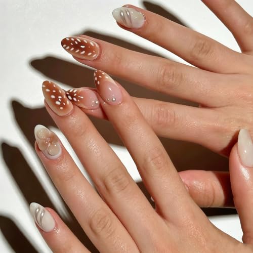 Medium Almond Press on Nails 3D Flower, Deer Spot Fake Nails 24Pc...