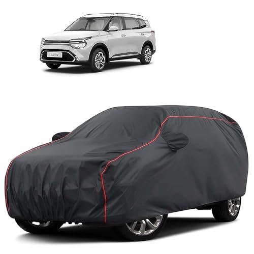 Image of Sulfar 100% Water Resistant Car Body Cover Compatible with Mirror for Kia Carens (Triple Stitched, Full Bottom Elastic, Dark Grey Tafetta with Red Piping)