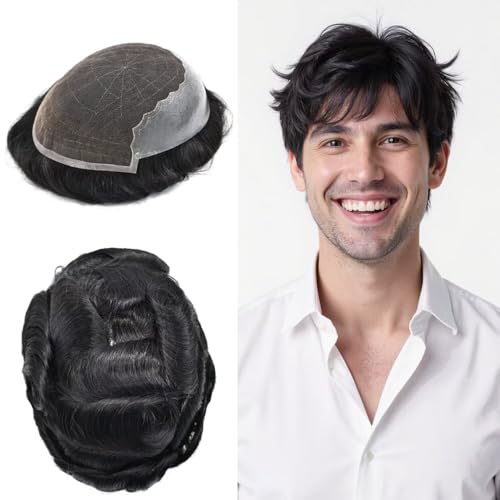 �j���p�E�B�b�O���j�b�g �t�����`���[�X�w�A�s�[�X �j���p ���� �l�� �V�X�e�� �u���[�`�m�b�g �p�� hombre cabello Humano(7X9-120% ���x�A1B# OFF BLACK)