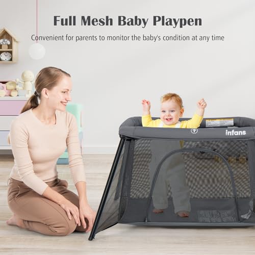 Image of INFANS Travel Crib, Portable Baby Playpen with Removable Bassinet Soft Mattress Carry Bag, Foldable Lightweight Playard for Newborns Toddlers (Dark Gray)