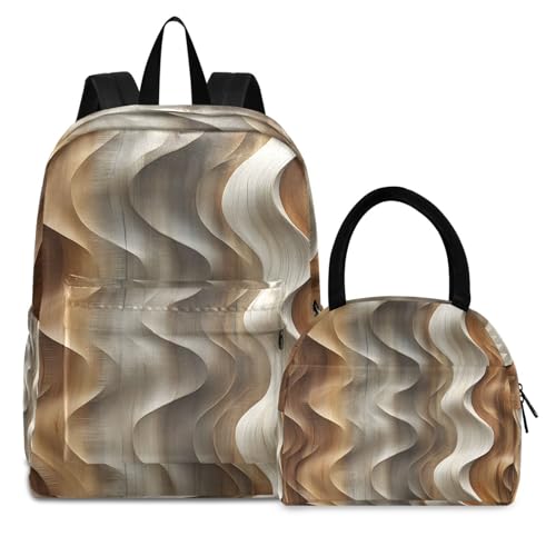 Backpack Lunch Box Set Large Capacity Travel Backpacks and Insulated Lunch Bag for Commute Hiking Picnic Wave Wood Print