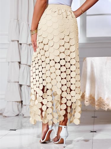 Image of Cicy Bell Womens Hollow Out Maxi Skirts Summer Boho Fringe Hem Long Skirt | High Waist,Circle Skirt,Casual,Dressy,Midi Skirt,Beach Vacation