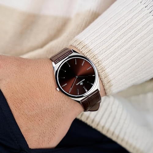 Image of Franklord Ultra-Slim Men's 5 mm Swiss Movement Dress Watch - 40 mm Case, Sapphire Crystal, 316L Stainless Steel with Leather Strap