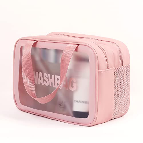 Clear Makeup Bag Pvc Waterproof Cosmetic Bag Large Clear Travel Toiletry Organizer Bag Set Clear Plastic Tote Bags Transparent Cosmetic Bag Clear Tote Bags Large Capacity Thickened Wash Bag (Pink) #TOP1
