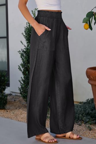 Women's High Waist Wide Leg Jeans with Ruffles and Side Pockets - Black3