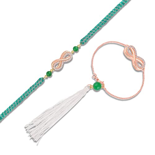 Image of Mahi Elegant Rose Gold Infinity Couple Rakhi Set with Green Beads and White Tassel (RCOL1106003Z)