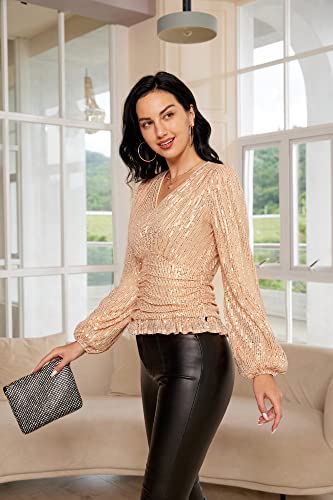 Women Fall Long Sleeve Tops Shimmer Blouse Ruched Waist Sequin Party Top Gold L #TOP2