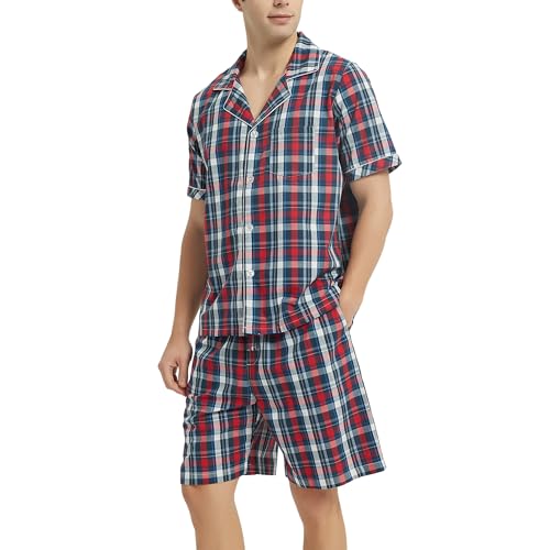 Image of Vulcanodon Mens Cotton Pajama Set Short Sleeve, Button Down Pajama Set for Men Lightweight Men's Sleepwear