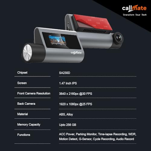 Image of CALLMATE Roadvoyager 4K Ultra HD Car Dashboard Camera, 1.47 Inch Display, Dual Recording (Parking Monitor, G-Sensor) with Easy Installation (App Control, 170 Wide Angle Lens) Support Upto 256 GB