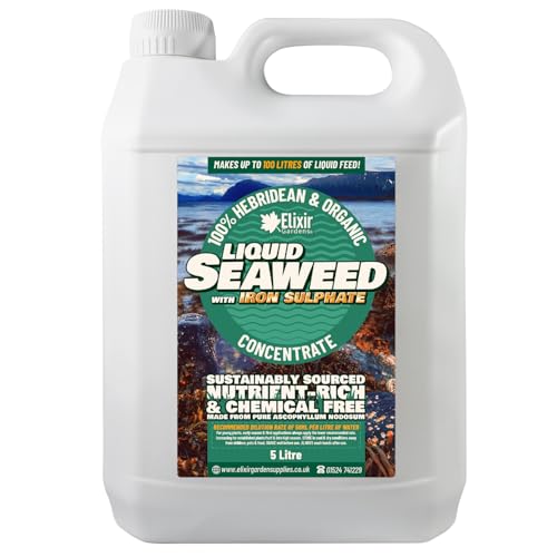 Elixir Garden Organic Hebridean Liquid Seaweed Plant & Lawn Fertiliser with Added Iron Sulphate | Concentrated 5 Litre Bottle