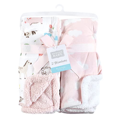 Image of Hudson Baby Unisex Baby Plush Mink and Sherpa Blanket, Girl Farm Animals, One Size