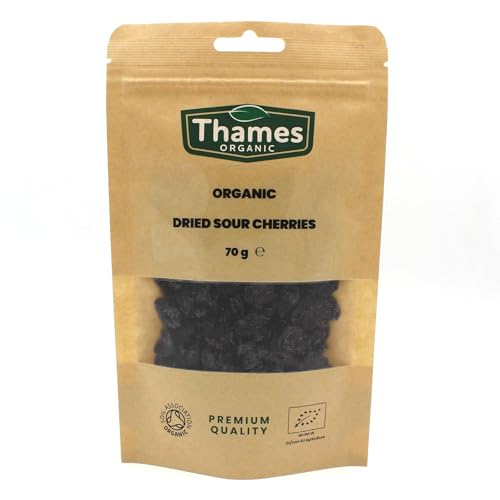 Thames Organic - Organic Dried Sour Cherries Pitted, Sun Dried, Tart Cherry - No Additives, No Preservatives, Unsulphured, Vegan, GMO Free - All Natural - Thames Organic 70g