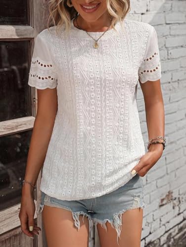 Narecte Womens Shirts,Summer Tops,Eyelet Embroidery T Shirts,Women Blouses Dressy Casual,Short Sleeve Scallop Trim Tee3
