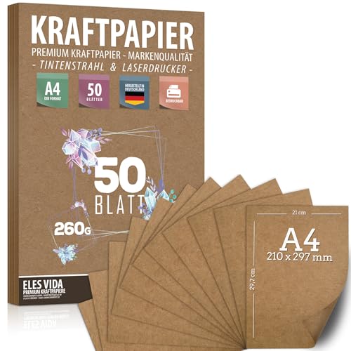 Feuilles de papier Kraft de qualité supérieure - DIN A4 - 260g - 21x29,7cm - Papier d'artisanat et carton naturel Feuilles de papier pour l'impression,...