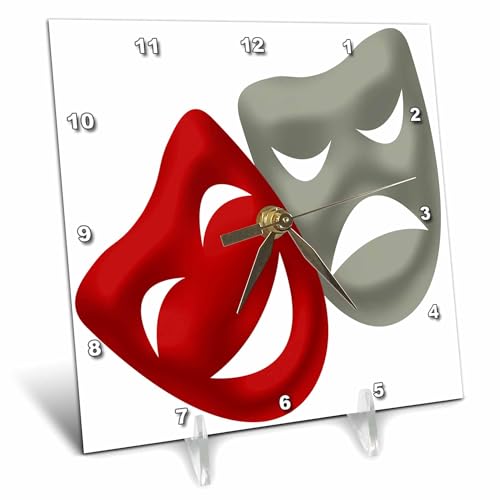 3dRose One Gray Drama Mask and One Red Drama Mask - Desk Clock, 6 by 6-Inch (dc_222674_1)