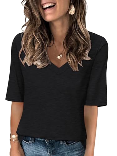 Women's V Neck T Shirts Half Sleeve Tops Casual Solid Summer Tees
