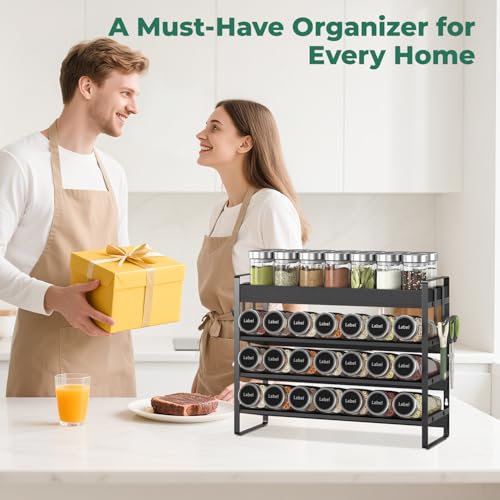 EsLuker.ly Spice Seasoning Rack Organizer Kitchen Countertop, 4 Tier Bamboo Spice Shelf Holder Storage with 4 Hooks, Wall Mounted Freestanding Stand for Pantry, Black(Jars Not Included) by EsLuker.ly - Image 8