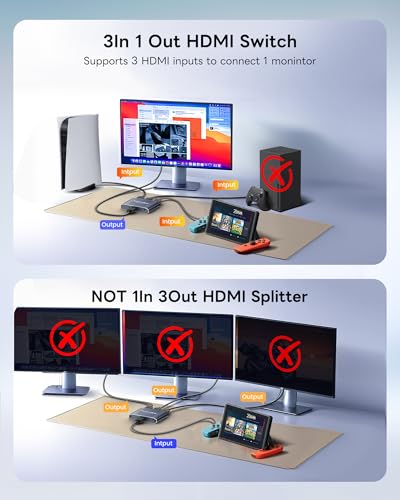 Image of 4K@60Hz HDMI Switch 3 in 1 Out Aluminum Alloy【with 4FT HDMI 2.0 Cable】, avedio links 3x1 HDMI Multi Port Switch, 3 Way HDMI Selector Switcher Support HDCP 2.2, HDR 10, for Fire TV Stick, PS5, PS4