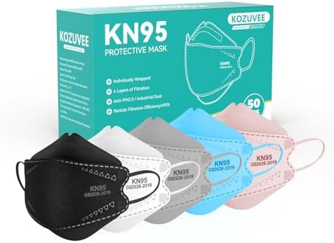 KOZUVEE KN95 Face Masks 50 Pack for Adults, Individually Wrapped, Comfortable and Breathable Disposable KN95 Mask with Elastic Ear Loop