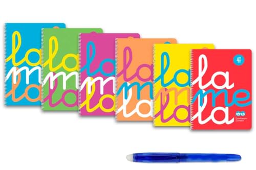 PAPELIVI Lote 6 Cuadernos Lamela Polipropileno Flúor Cuadrovia Tamaño FOLIO Fº 80 Hojas Cuadros 4 mm 7FTP004S + Bolígrafo Borrable