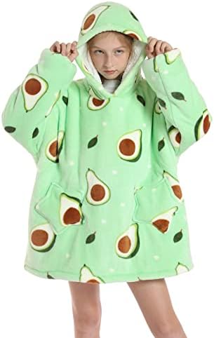 EzonYanGo Oversized Blanket Hoodie for Girl Boy, Kids Wearable Blanket Sweatshirt, Sherpa FLeece Hooded Pullover with Pocket for Children Teens Aged 5-15