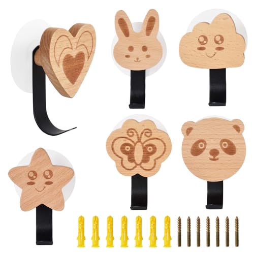 6 Piezas Gancho para Colgar Ropa para Niños, Perchero Infantil Pared Madera, Ganchos Adhesivos para Niños, Ganchos Autoadhesivos para Toallas, Sin Taladrar, Ganchos de Madera para Habitación Infantil