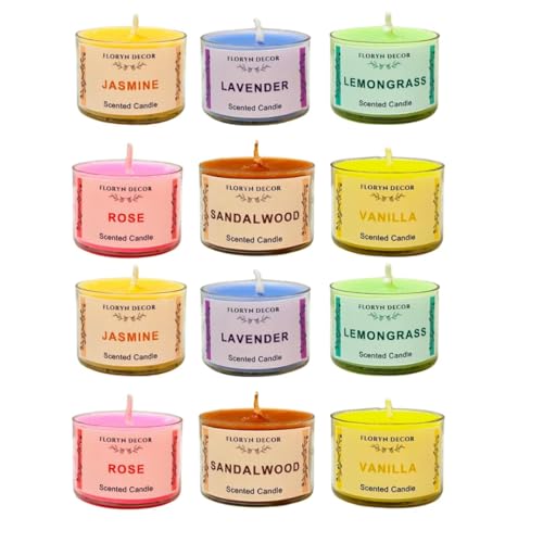 Image of Floryn Decor Small Scented Candles Gift Set for Home Decor, Non-Breakable and Reusable Jars, Fragrances - Lavender, Rose, Vanilla, Jasmine, Sandalwood, Lemongrass (12)
