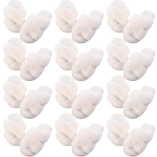 12 Pairs Women's Fuzzy Slippers Cross Band Open Toe Bridesmaid Fluffy Comfy House Slippers for Indoor Outdoor Wedding