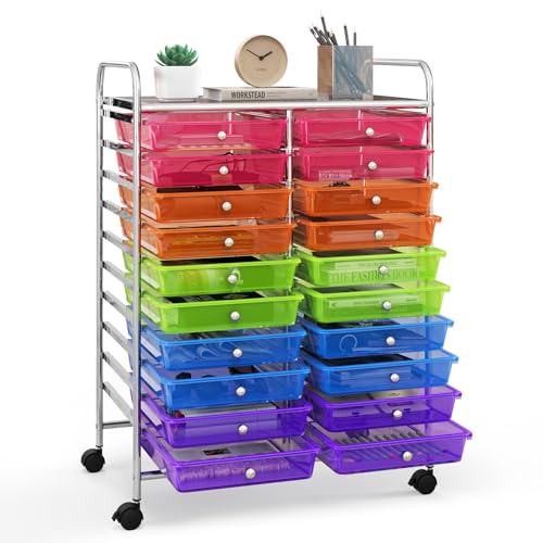 Happygrill 20-Drawer Organizer Cart Tools, Mobile Utility Storage Cart with Removable Drawers & Lockable Wheels, Rolling Storage Cart with wheels for Home Office School (Rainbow)