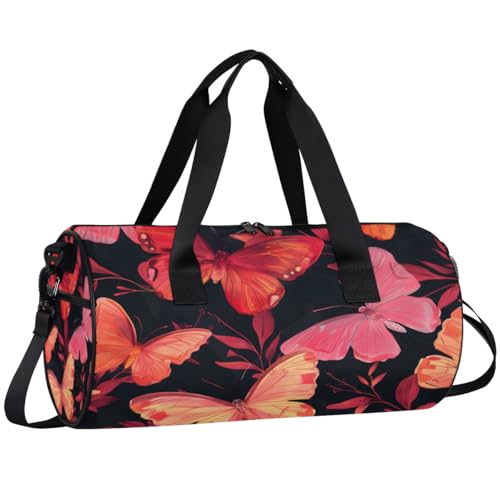 Butterflies Round Barrel Sports Fitness Bag, Black Red Travel Luggage Bag, Reusable Handbag, Suitable For Men and Women