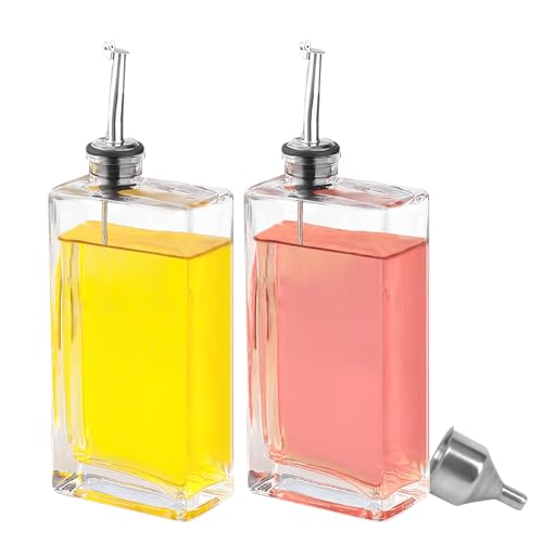 HMJIA Aceitera y Vinagrera con Pitorro de Acero Inoxidable 304 y Cristal Utensilio de Cocina Cooking Oil Dispensador Aceite de Oliva Recipiente Aceite 500ML 2 Piezas con Embudo (500ml - Plata)