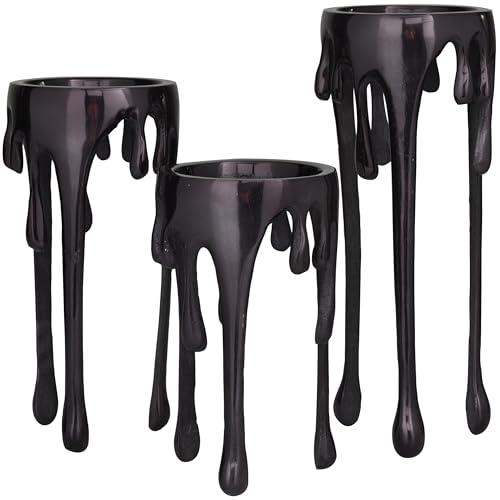 Image of CosmoLiving by Cosmopolitan Aluminum Metal Decorative Candle Holder Pillar Candle Stand with Dripping Melting Designed Legs, Set of 3 Candlestick Holder 12 inch, 10 inch, 8 inchH, Black