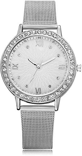 Damenuhr Quarzuhr mit rundem Zifferblatt Strass Uhr für Elegante weibliche Büro Damen, Silber
