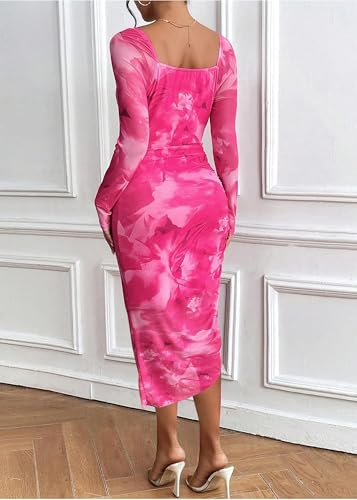 Image of MOEENCN Sexy Women's Bodycon Midi Dress Long Sleeve High Slit Cowl Neck Floral Print Cocktail Party Club Ruched Dresses