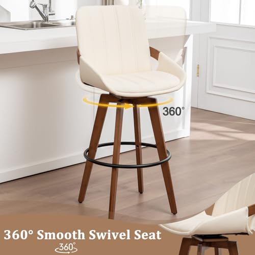 Image of AQG Counter Stools Set of 2, 26.3 Inch Mid Century Modern Counter Height Bar Chairs, Swivel Barstools with Walnut Craft, Faux Leather Upholstered Furniture for Island /Counter (Beige, 26.3 inch-2 PCS)
