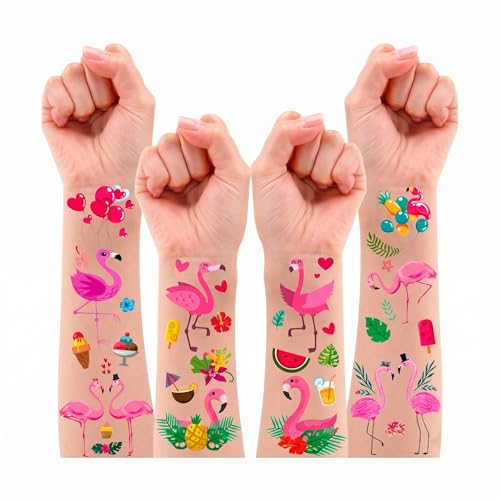 Leesgel Tatouage Éphémère Flamant Rose, 10 Feuilles de Tatouages Temporaires pour Enfants, Décorations d’Anniversaire Thème Tropical Hawaïen Pool Party...