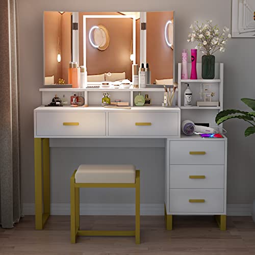Pakasept Vanity Set With Lighted Tri-Fold Mirror, Vanity Desk With Charging Station, 3-Color Adjustable Touch Light, 5 Drawers, Storage Shelves&Cushioned Stool Makeup Vanity For Bedroom, White #TOP2