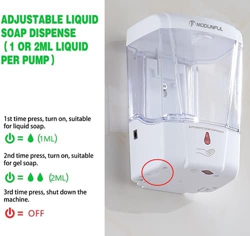 modunful Automatic Soap Dispensers Wall Mounted, Bathroom Touchless Hand Sanitiser Dispenser Unit, Low Voltage Indicator and Nail-Free Installation, ABS Plastic 700ml