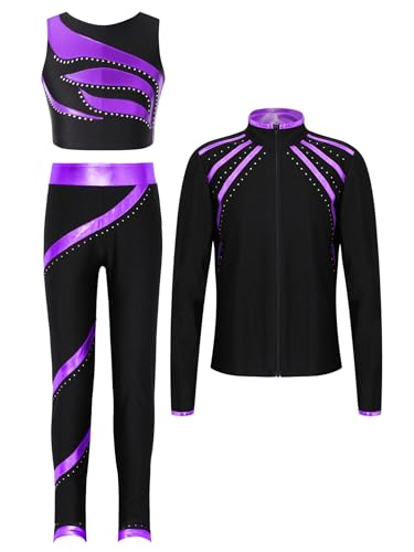 Kids Girls Dance Outfit 3 Pcs Gymnastic Suit Ice Skating Long Sleeve Jacket Crop Top with Pants Set Tracksuit