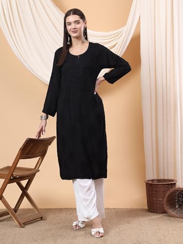 Image of POSHAK CHIKAN STUDIO Women's Hand Embroidered Lucknowi Chikankari Modal Straight Long Kurta, heer