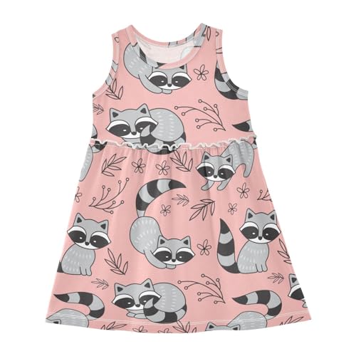 Aflyko Cute Animal Girls Dresses Raccoon Pink Leaves Summer Sleeveless Dress Casual Fit Toddler Playwear Infant Lovely Everyday Wear Themed Birthday Party Dress 3T