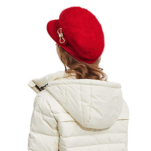 Surblue Lady Crystal Bow Warm Cabled Angora Knit Winter Beanie Crochet Beret Hats Newsboy Caps,Red,One Size #TOP3