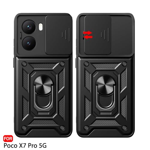 Image of TheGiftKart Tough Armor Bumper Back Cover Case for Mi Poco X7 Pro 5G | Sliding Camera Cover, Kickstand & Ring Holder | 360 Degree Protection Back Cover Case for Poco X7 Pro 5G (PC & TPU, Black)