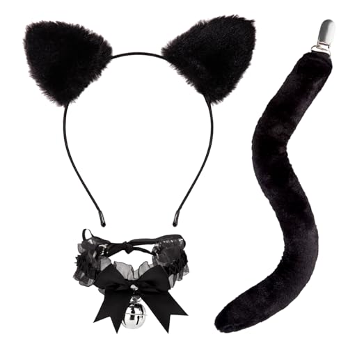 JIALWEN Cat Ears Headband Tail Bell Collar Set