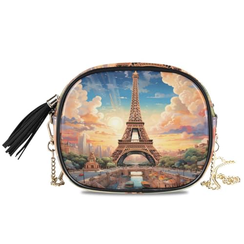 ALAZA Women's Paris Magnificence Of The Eiffel Tower PU Leather Crossbody Bag Shoulder Purse with Tassel