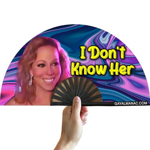 PandaTak Gay Pride Folding Hand Fans, Funny Large 13" Bamboo Fan with UV Reactive Ink, for LGBTQ Circuit Parties EDM Festivals and Raves (I Don't Know Her - Mariah)